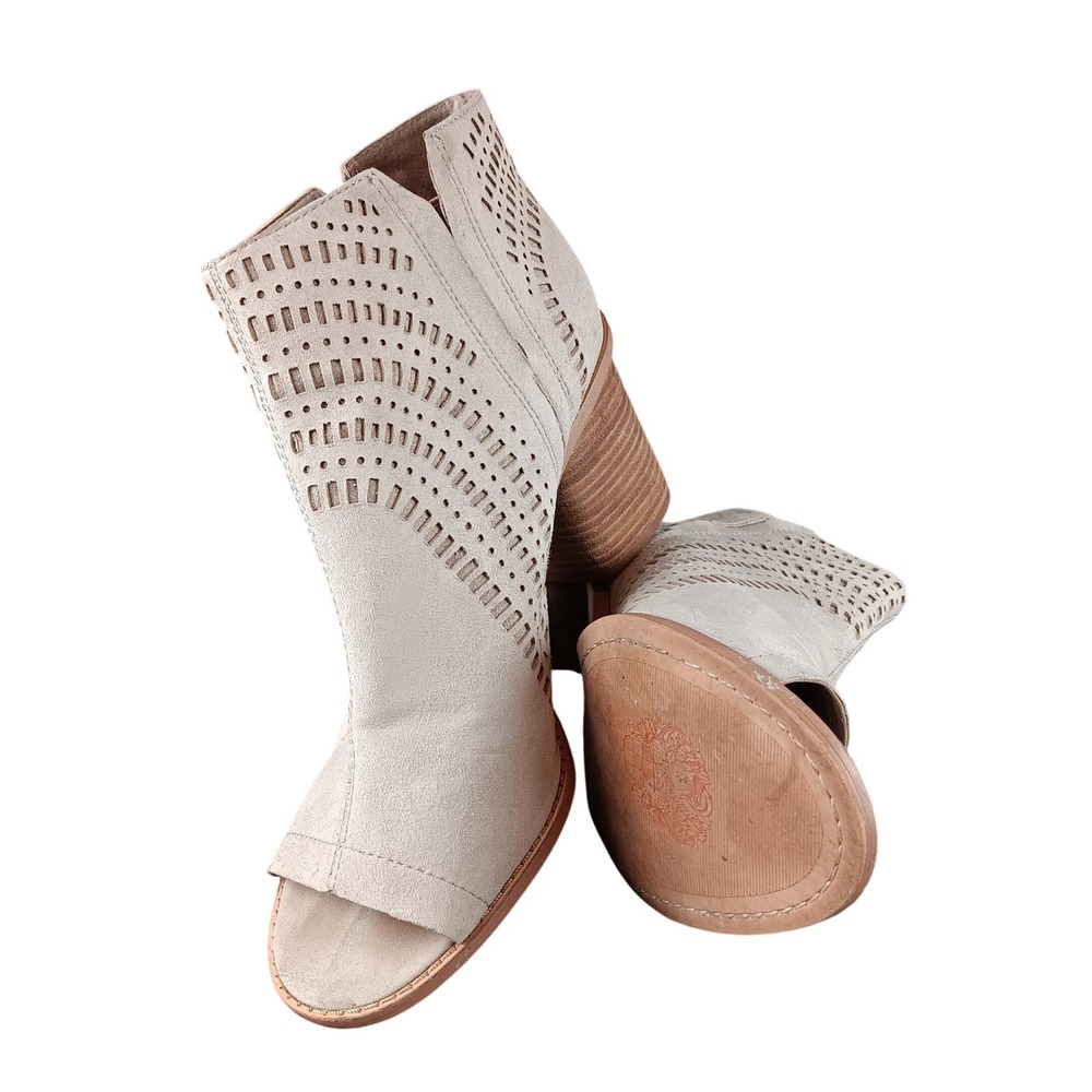 Vince Camuto Perforated Peep Toe Block‎ Heel Booties Beige Suede Women